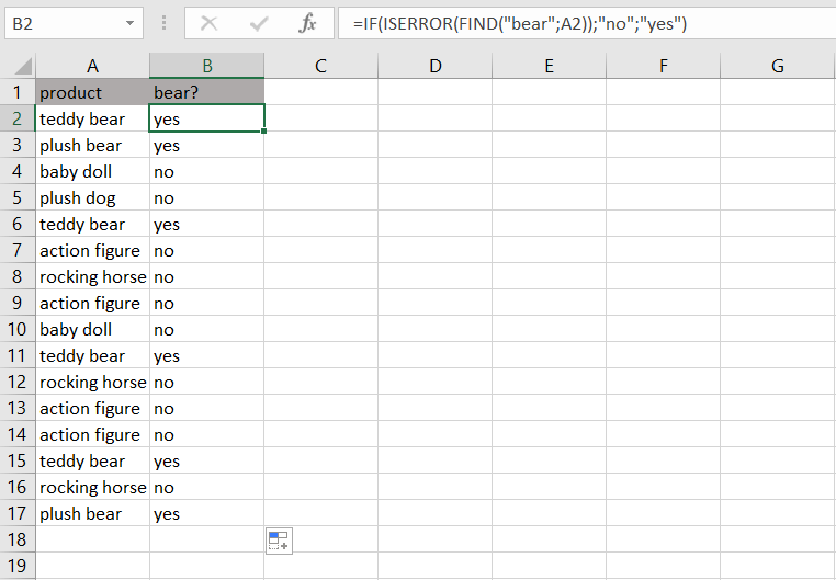 Worksheet in Excel with FIND function and IF function 