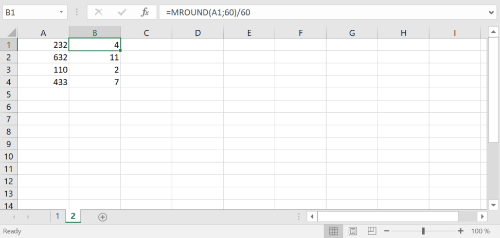 Excel spreadsheet in which rounding takes place to a multiple of a number using the MROUND function