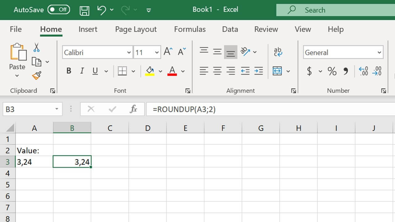 ROUNDUP function in Excel with 2 decimal places