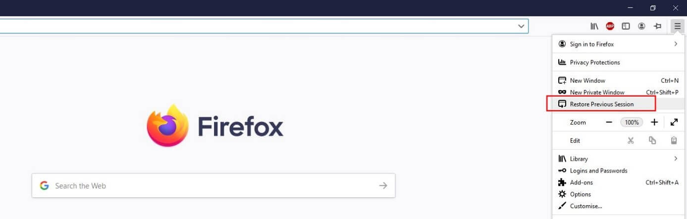 Firefox menu: “Restore previous session” button