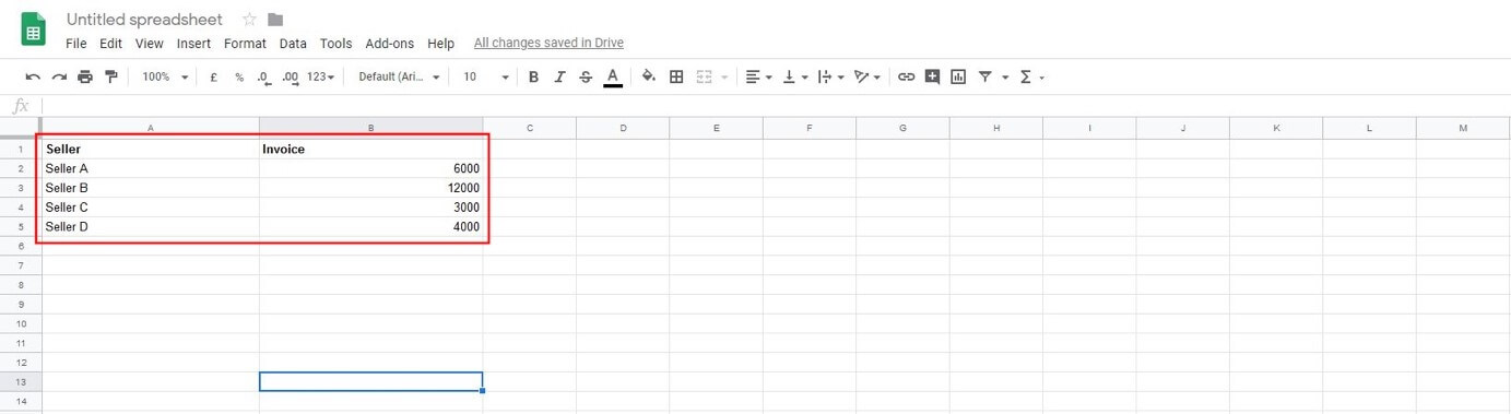 Example data in Google Sheets 