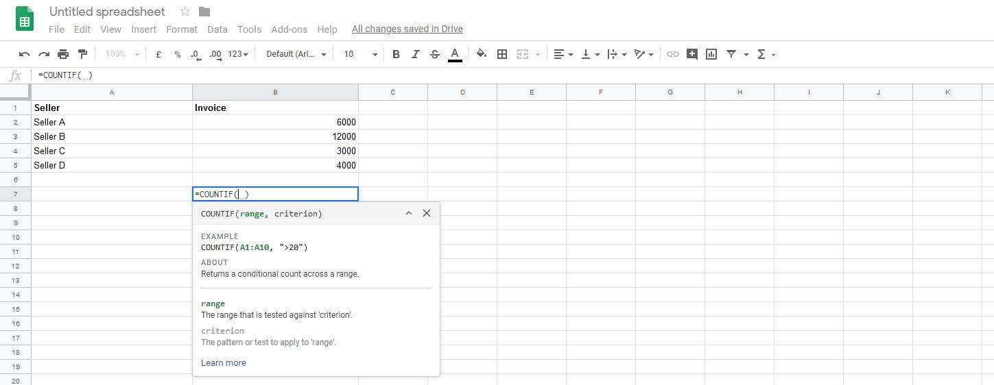 Example Google Sheet with COUNTIF function in cell 