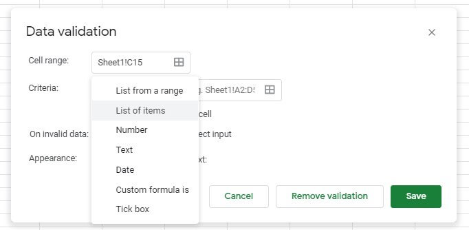 Google Sheets: List of items