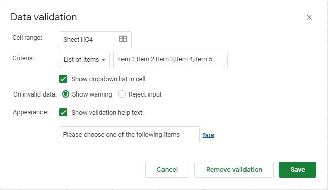 Validation help text in the “Data validation” window