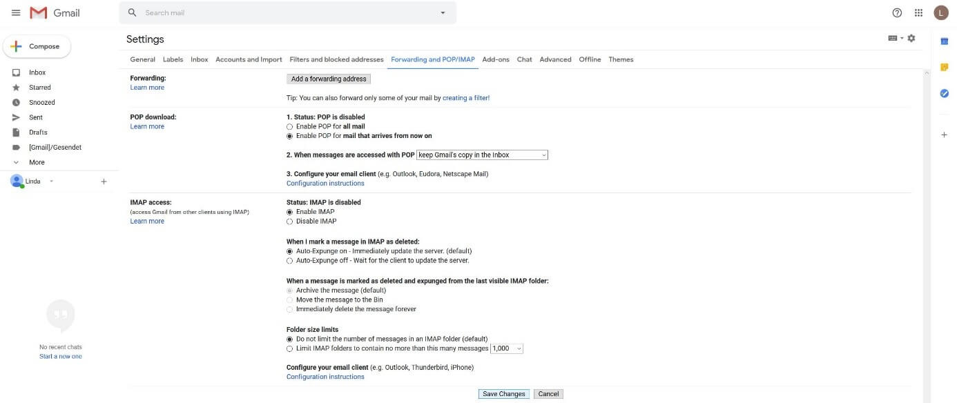 Gmail settings: “Forwarding & POP/IMAP” menu