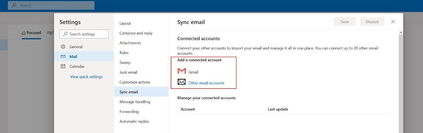 Outlook on the web: “Sync email” menu