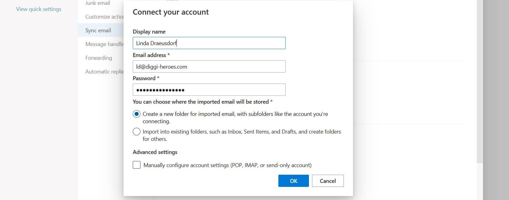 Dialog box for connecting accounts in Outlook on the web