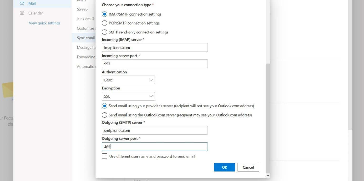 Dialog box for manually adding an account to Outlook on the web