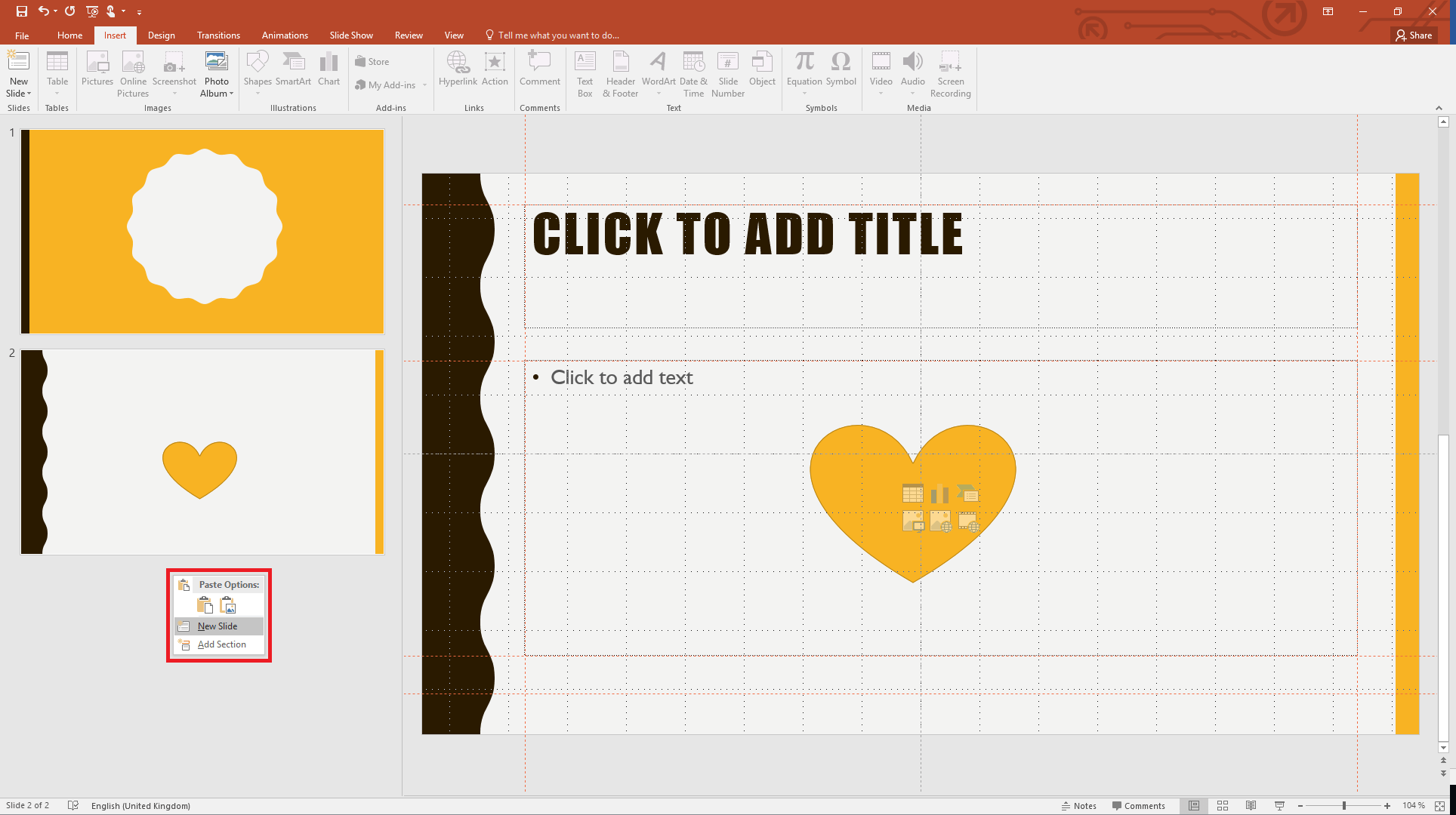 Inserting a new slide by right-clicking in the thumbnail pane in PowerPoint 2019