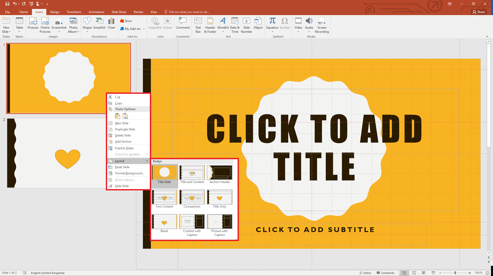 Right-clicking on a slide to select a different layout in PowerPoint 2019