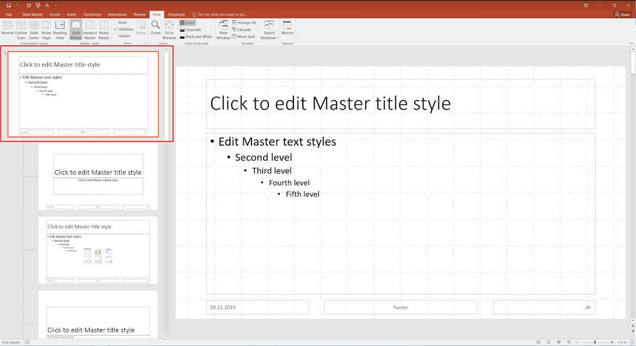 Slide master (top slide) in PowerPoint 2019