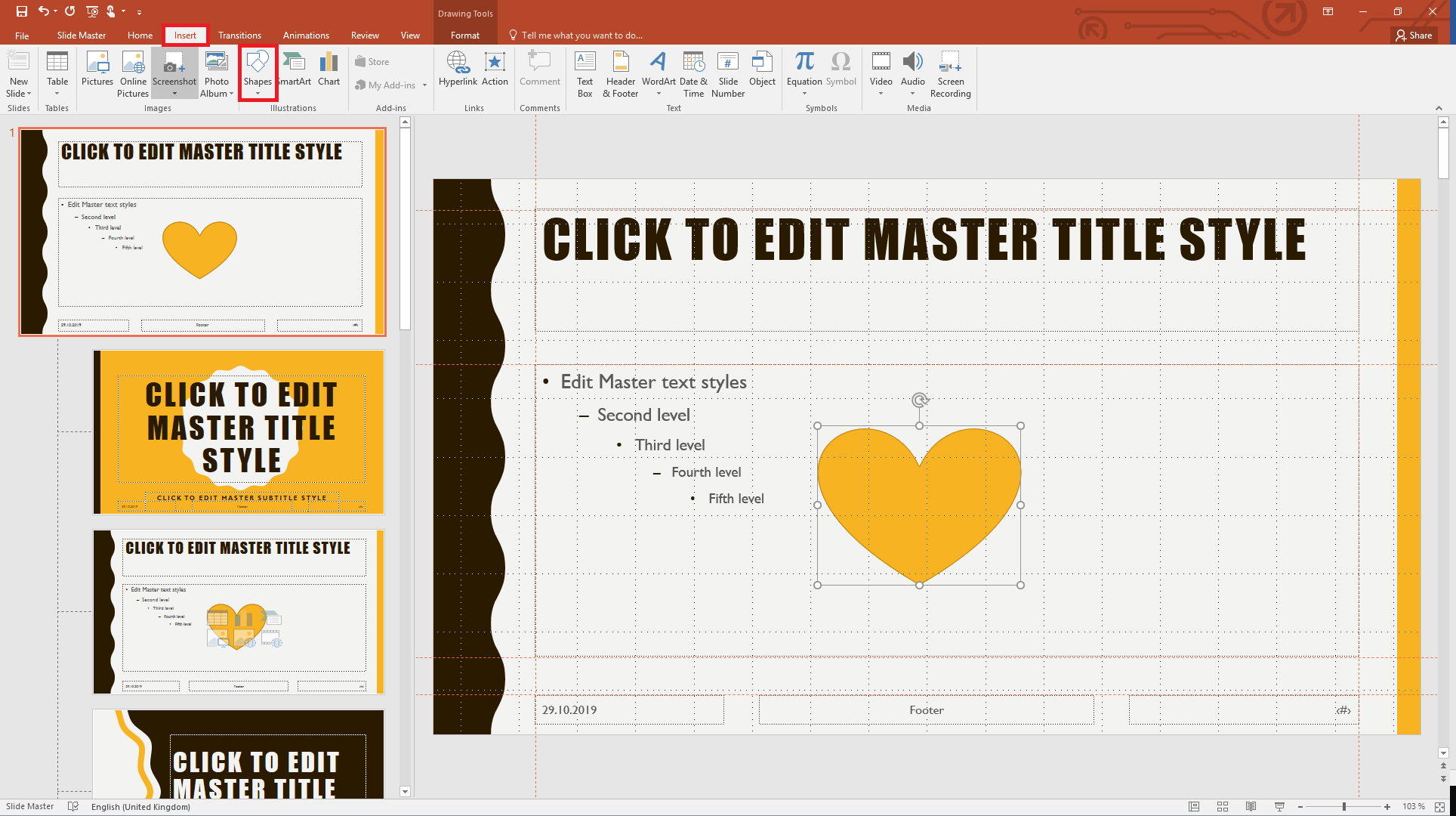 Inserting a shape in a slide master in PowerPoint 2019