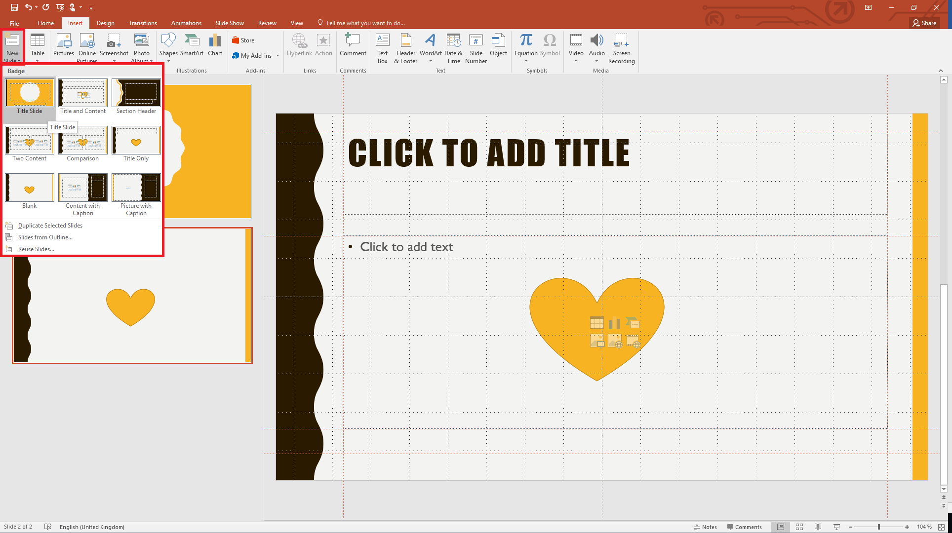 Inserting a new slide based on a slide layout via the “Insert” tab in PowerPoint 2019