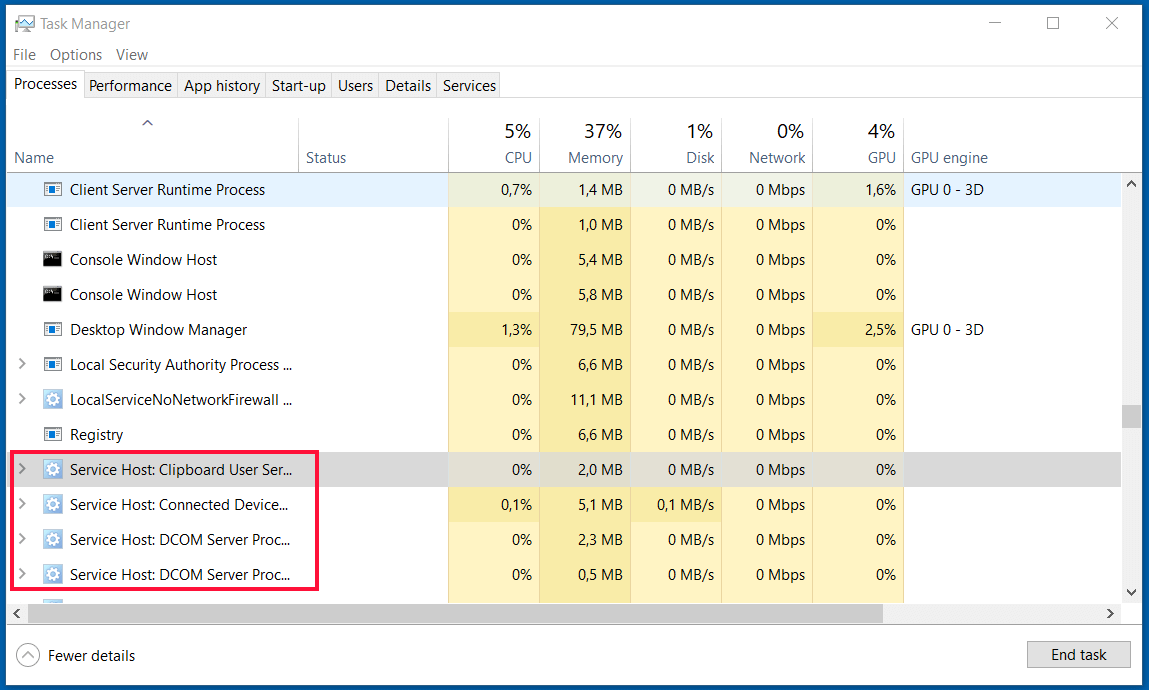 Service host instances (svchost.exe) in the Windows 10 Task Manager