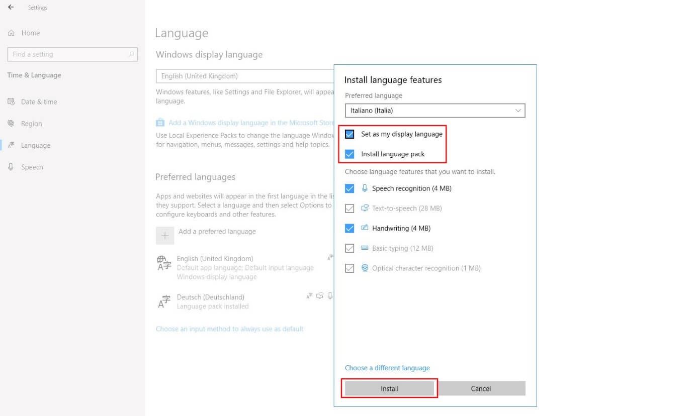 Install language features in Windows 10