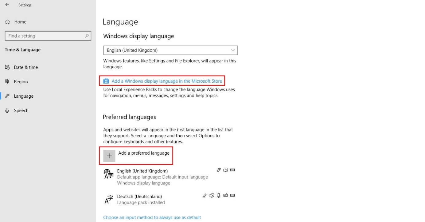 Windows 10: “Language” menu