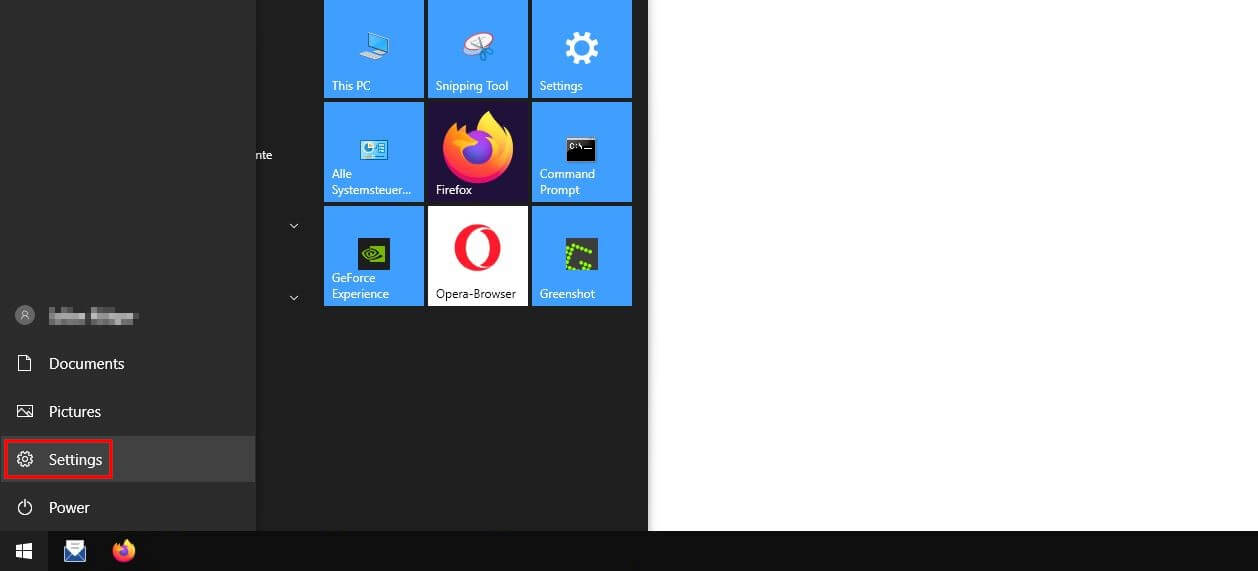 : Windows 10 start menu: “Settings” button