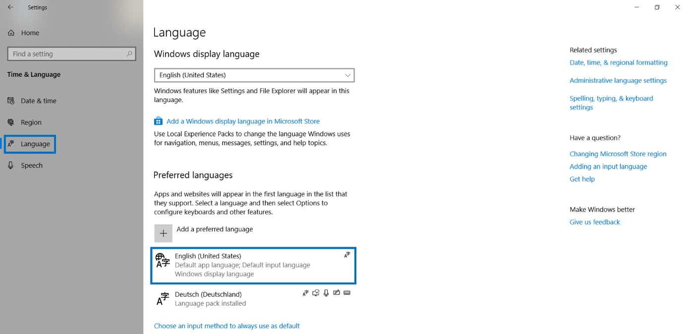 Language settings in Windows 10