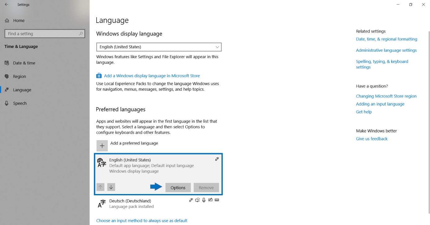 Preferred language options in the Windows Settings
