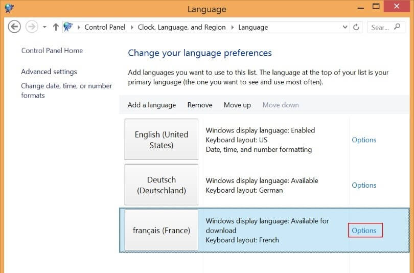 “Change your language preferences” window.