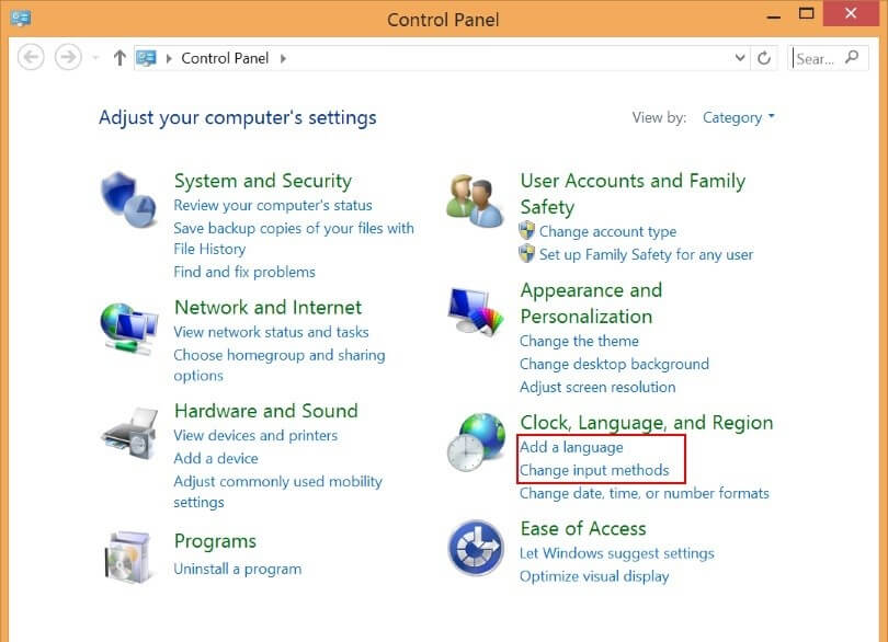 “Clock, Language, and Region” menu in Windows 8 Control Panel