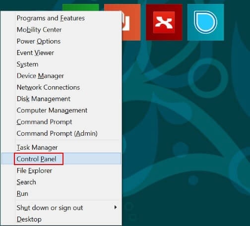 The Control Panel can be accessed via the Windows 8 menu
