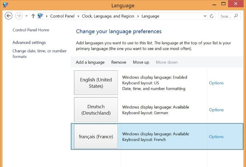 “Change your language preferences” menu window.