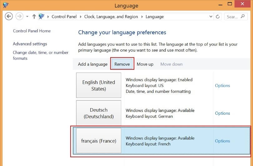 Windows 8: remove a language from the list.