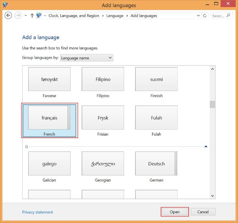 Select language in “Add a language” dialog window