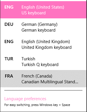 Keyboard language options in the Windows 8 taskbar