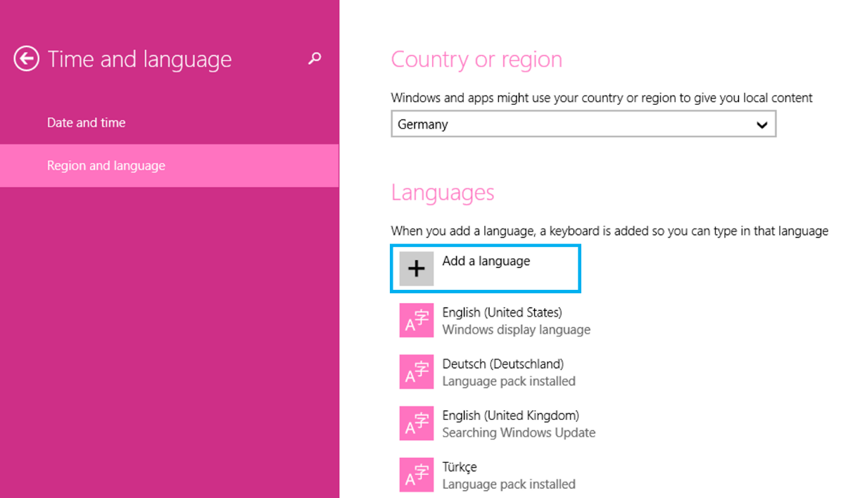 Settings for “Region and language” in Windows 8