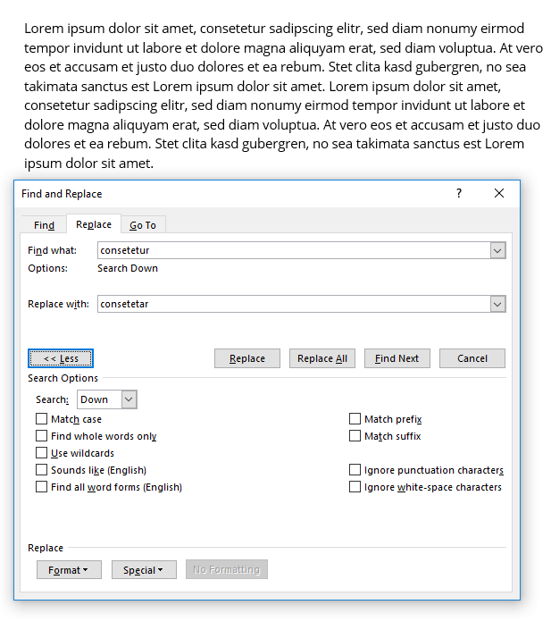 “Find and Replace” in Word