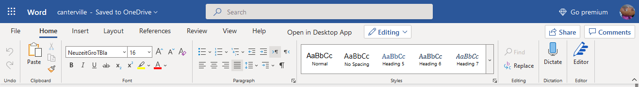 Word Online user interface in English