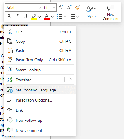 “Set proofing language” option in Word Online