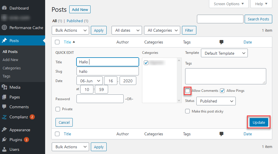 “Quick Edit” settings page for a post, with “Allow Comments” option
