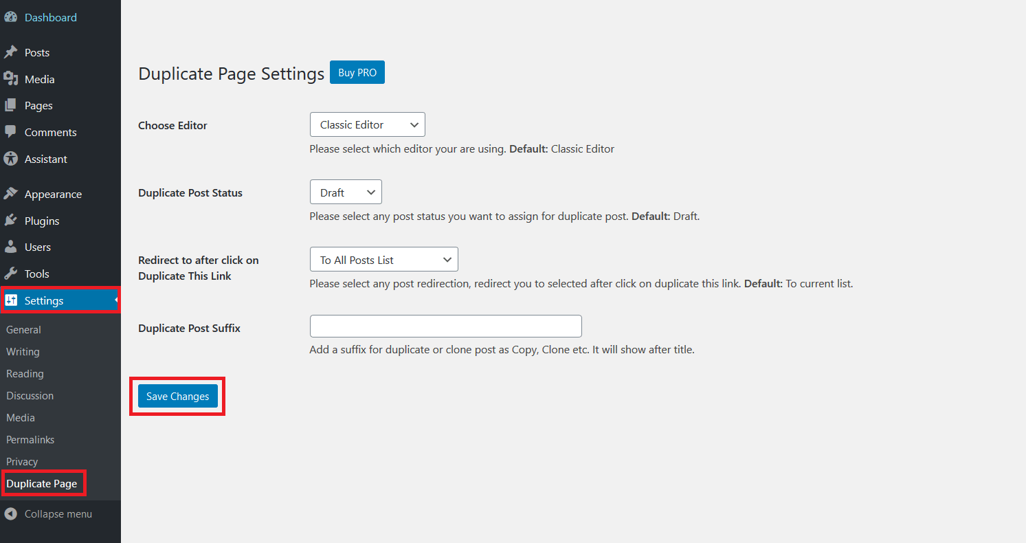 Settings for Duplicate Page