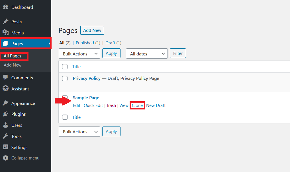 Duplicate page clearance wordpress