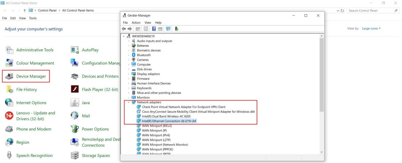 Windows 10: Device Manager with the “Network Adapters” entry open. Windows 10: Device Manager with the “Network Adapters” entry open.