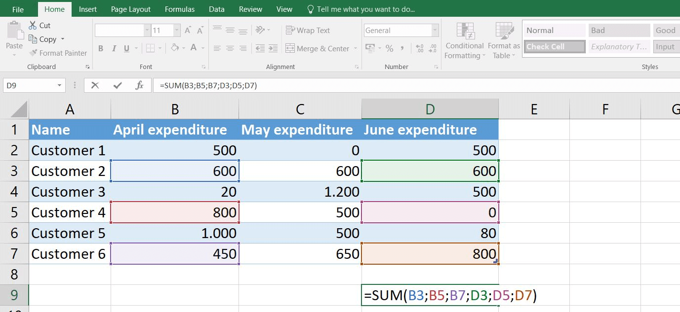 Excel 2016: SUM formula with six parameters