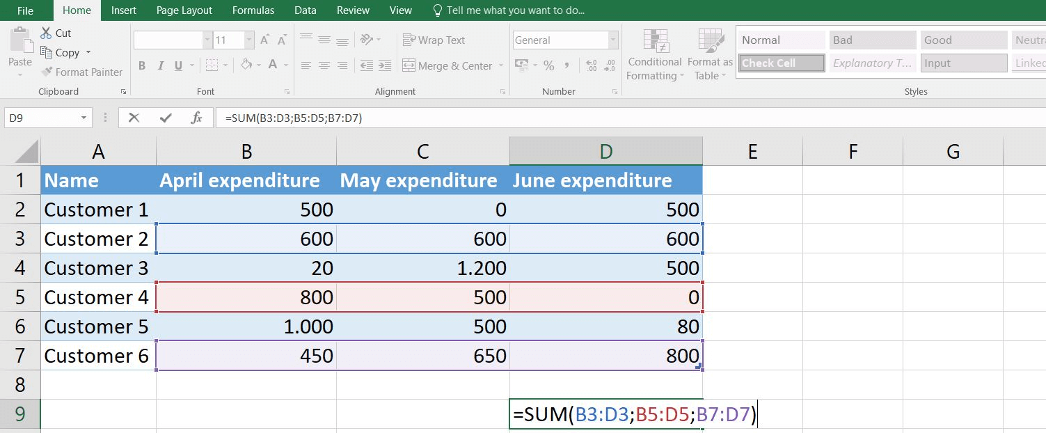 Excel SUM function: Example with three parameters