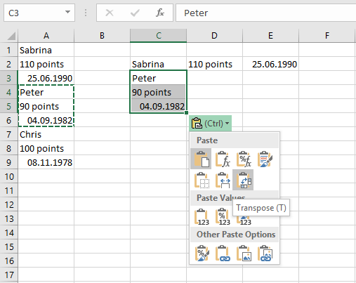 Figure shows how to transpose in Excel when inserting