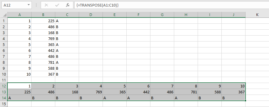 Figure shows how to transpose in Excel with the TRANSPOSE function