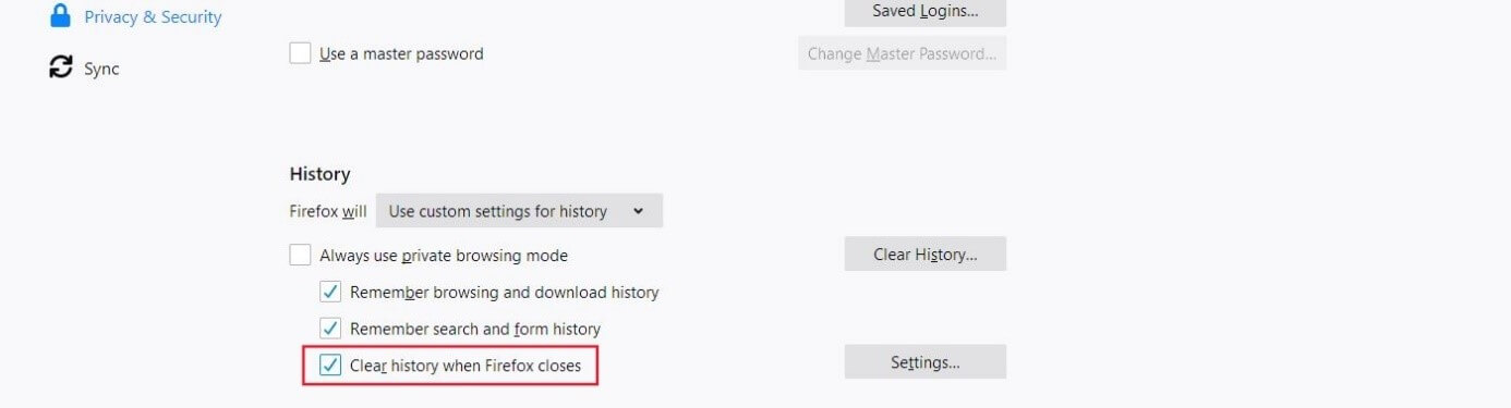 Firefox history settings