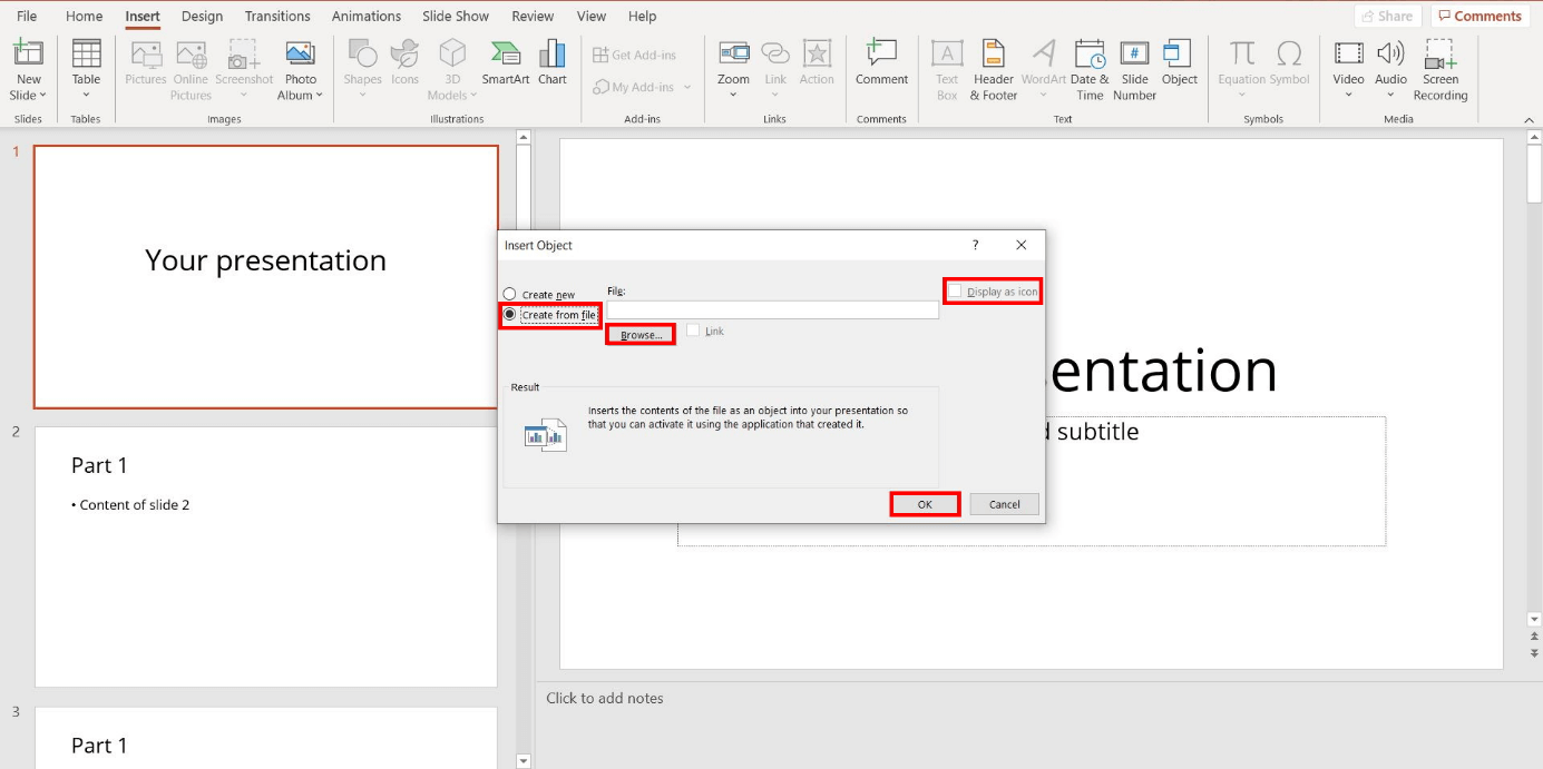 Insert word document into PowerPoint: import as an object