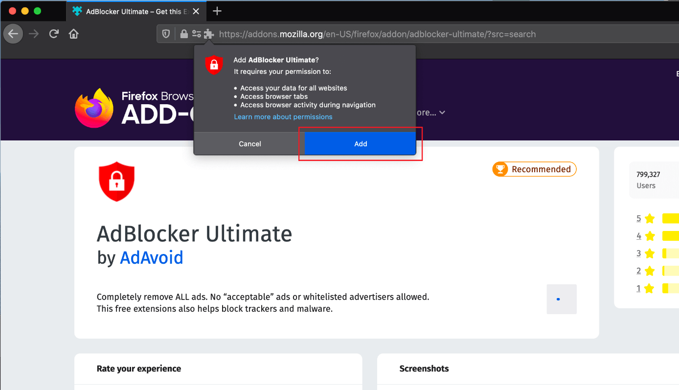 Pop-up window confirming the add-on installation