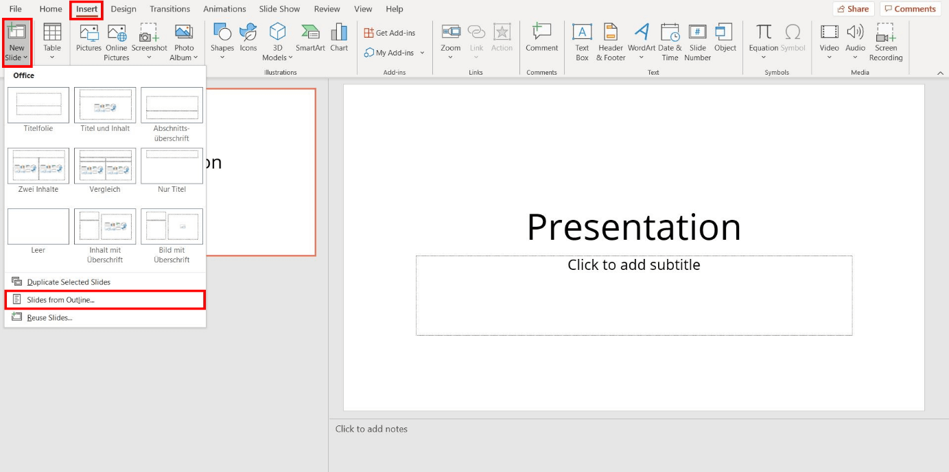 PowerPoint: Drop-down menu “New slide”