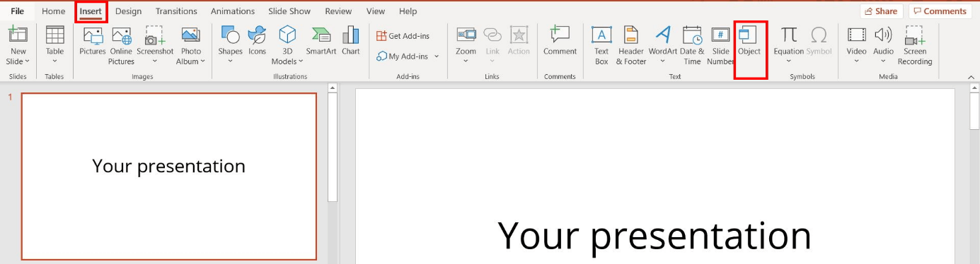 PowerPoint: object icon in the menu ribbon