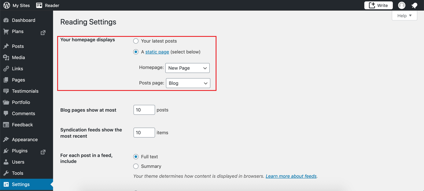 Reading settings with options to set a WordPress home page