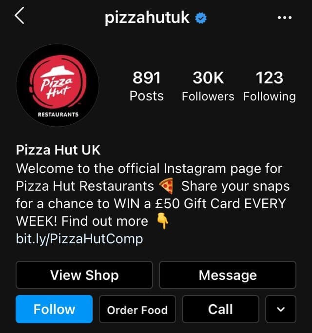 Biography with order buttons in an Instagram profile