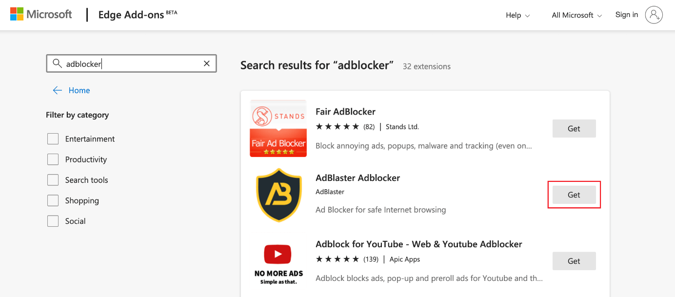Search results in the add-on store of Microsoft Edge